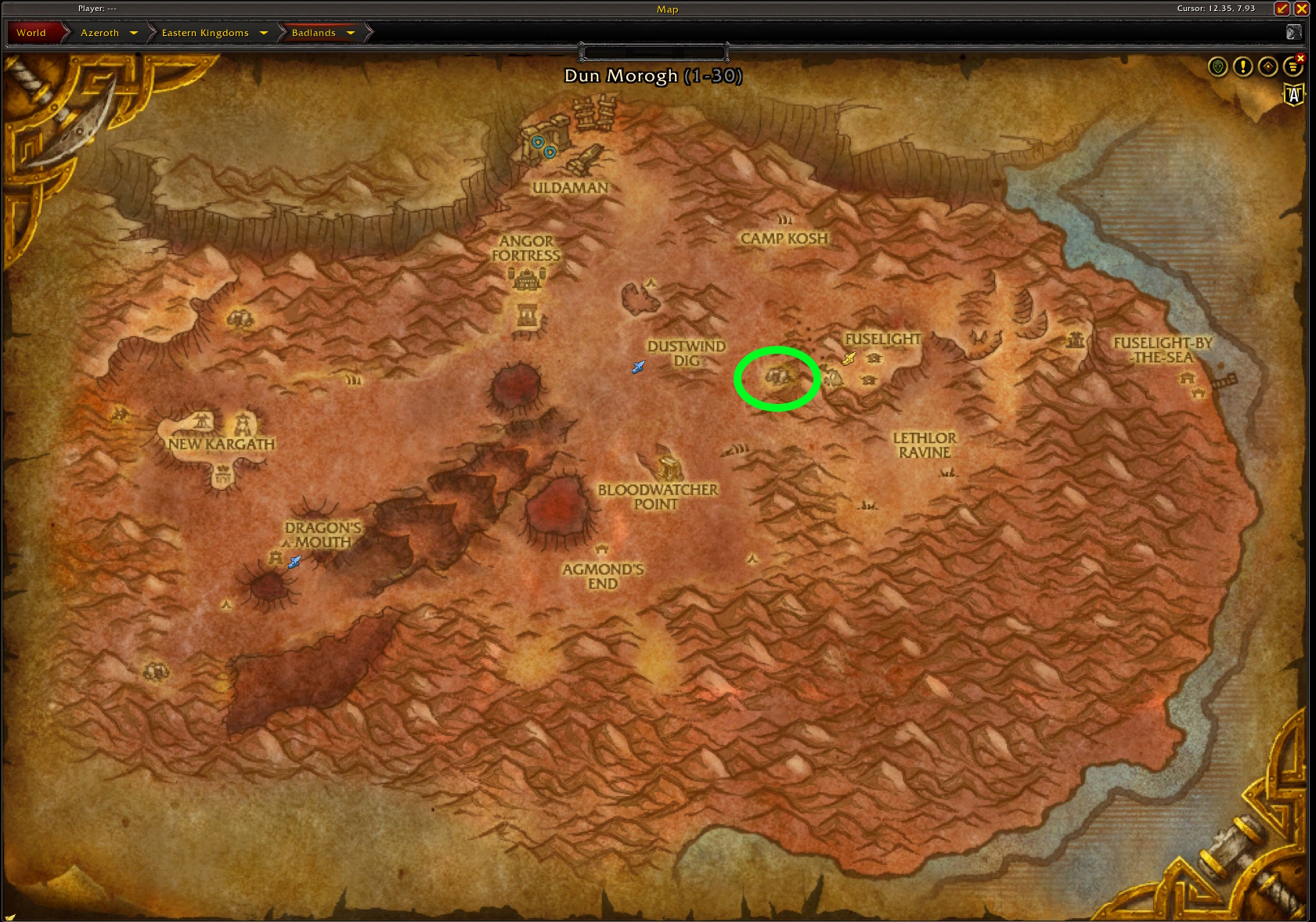 Uldaman Entrance Map with the cave circled