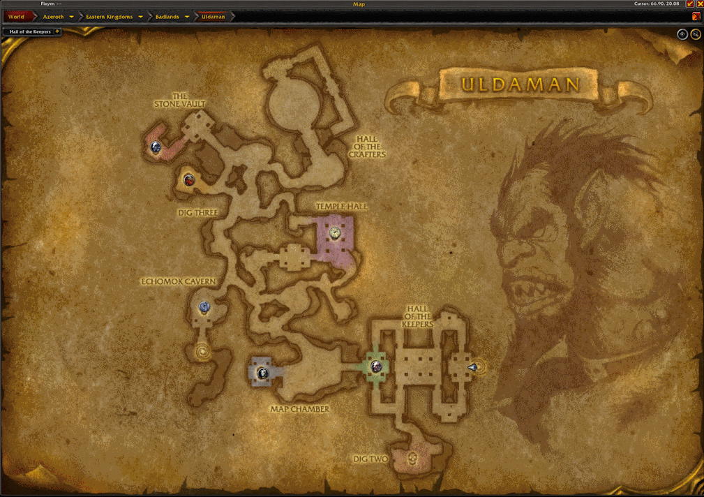 Uldaman Hall Map with a overlay that shows the path to take